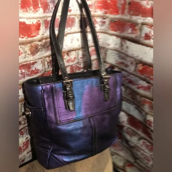 STUNNING Authentic Coach Metallic Purple & Blue Leather Handbag Tote - Picture 7 of 13